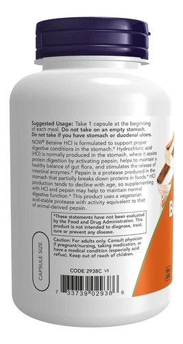 Betaína Hcl 648 Mg Apoyo Digestivo Now 120 Capsulas Vegetale