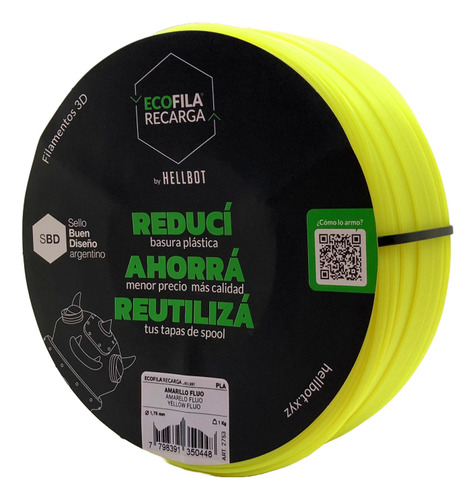 Filamento Hellbot Ecofila Recarga Pla 1,75mm 1kg V2 Color Amarillo Fluo