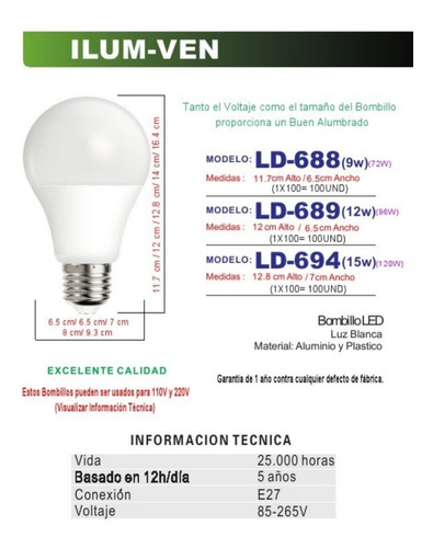 Imagen 5 de 7 de Bombillos Led 9w 12w Multivoltaje Garantia Ref 1.5 Mayor