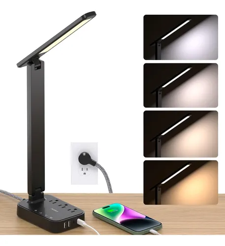 Lámpara De Escritorio Led Addtam, Regleta Con 3 Enchufes Y 4