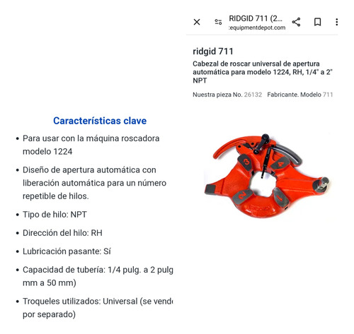 Cabezal Ridgid 711-26132 Para Mod1224 1/4  A 2  Apertura Aut