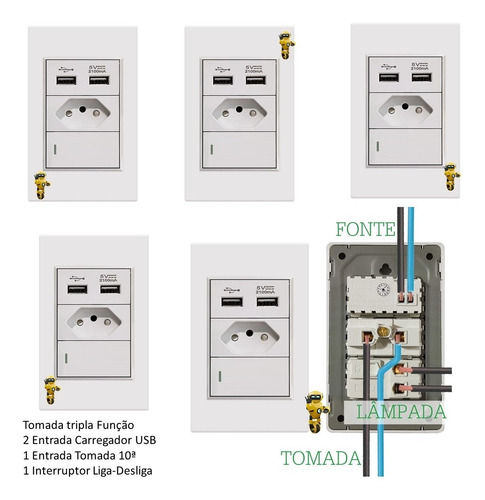 Imagem 2 de 6 de 05 X Nova Tomada 10a 3em1 Interruptor 2 Entradas Usb 5v 2.1a