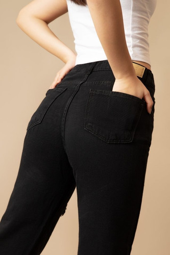 Jean Pantalon Mujer Mom Rigido Tiro Alto Roturas