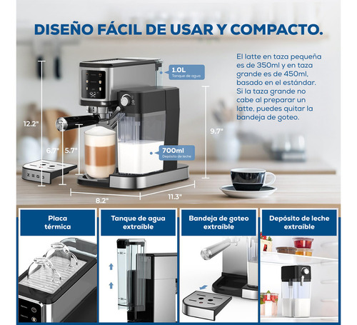 Cafetera Espresso Latte Pro Zego Zc1350sb 1lt 20bar 2 Tazas Color Zc1350sd01 Acero Inox