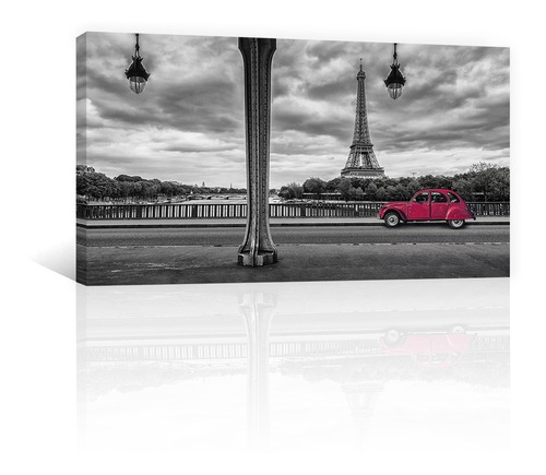 Cuadro Decorativo Francia Canvas Torre Eiffel Y  Auto Rojo