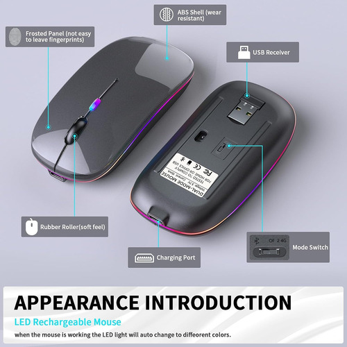 Kanmabpc Ratón Bluetooth Inalámbrico, Led Recargable Dual...