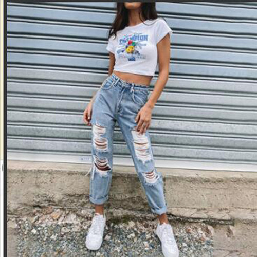 Pantalones Vaqueros Con Puños Tipo Jogger De Licra Rasgada P