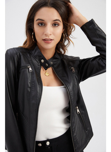 Chaqueta Cuero Informal Mujer Chaqueta Ajustada Cuello