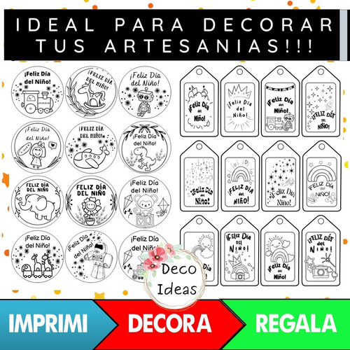 Imagen 4 de 4 de Kit Imprimible Tag Feliz Dia Del Niño Pdf 01 Blanco Negro