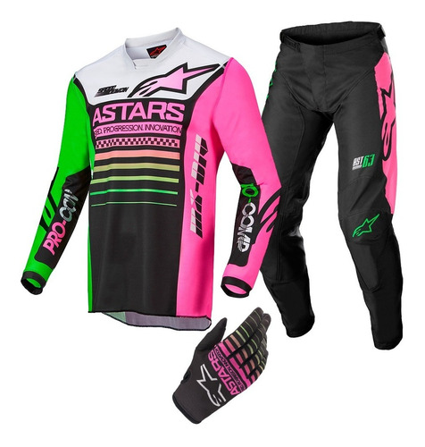 Conjunto Alpinestars 22 Compass Preto/verde/pink + Luva Novo