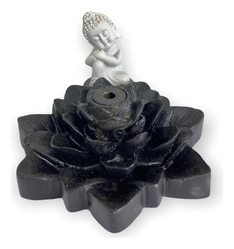 Incensário Cascata Flor De Lotus Buda Sonhador Preto Branco