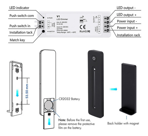 Interruptor Rf Sem Fio Led Dimmer 12v 5v 24v 36v 8a Pwm Com
