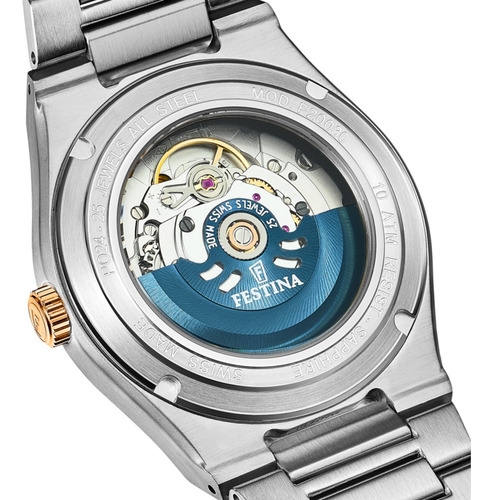 Festina Reloj Acero Hombre Swiss Made Automatico Zafiro Correa Plateado Bisel Plateado Fondo Negro