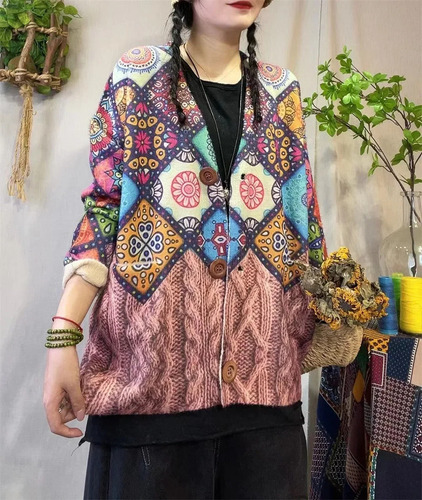 Cárdigan De Punto Con Cuello En V Y Estampado Floral Para Mu