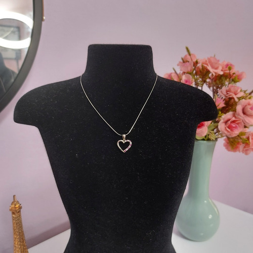 Imagem 4 de 4 de Colar De Prata 925 Com Pingente Coração Safira Rosa