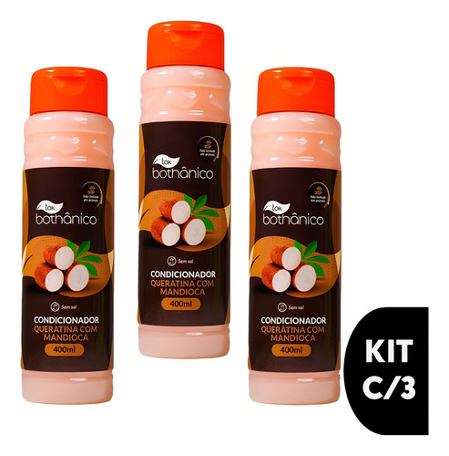 Kit C/3 Condicionador Queratina Mandioca Tok Bothânico 400ml