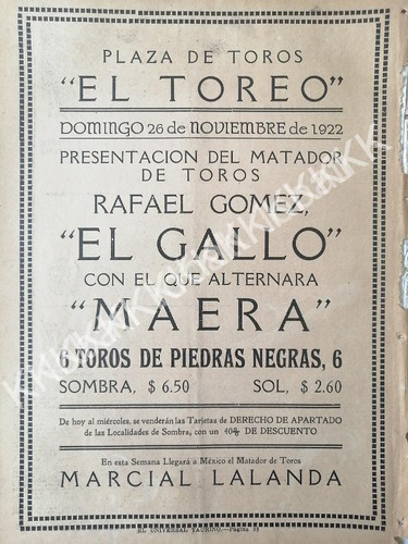 Cartel Plaza De Toros El Toreo, 1922 El Gallo, Lalanda, 51