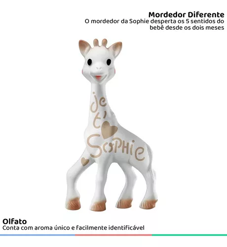 Mordedor Sophie La Girafe, edición limitada, 60 años, con diseño de jirafa  y jirafa en color completo