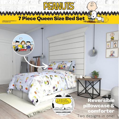 Juego De Acolchado Y Sábanas Franco Peanuts, Queen, 7 Piezas