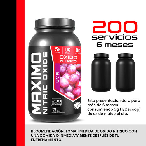Óxido Nítrico Maximo Protein 1kg Pre Entreno 200 Servicios Uva