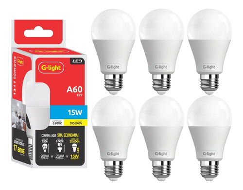 Kit 6 Lâmpada Led Bulbo A60 15w E27 3000k Luz Branca