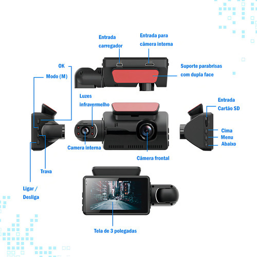 Camera Veicular Dashcam Grava Dentro E Fora Do Carro Display