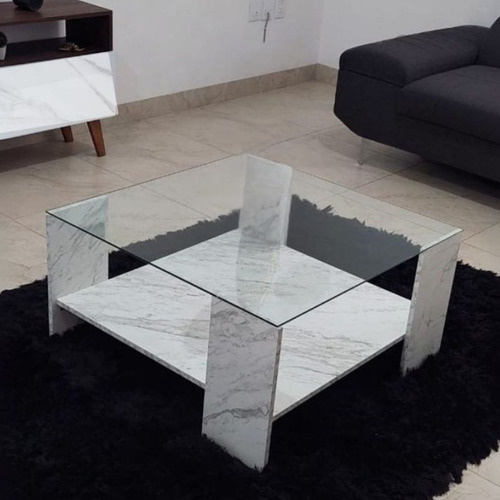 Mesa De Centro Auxiliar Minimalista Cristal Modena Para Sala Mármol Blanco