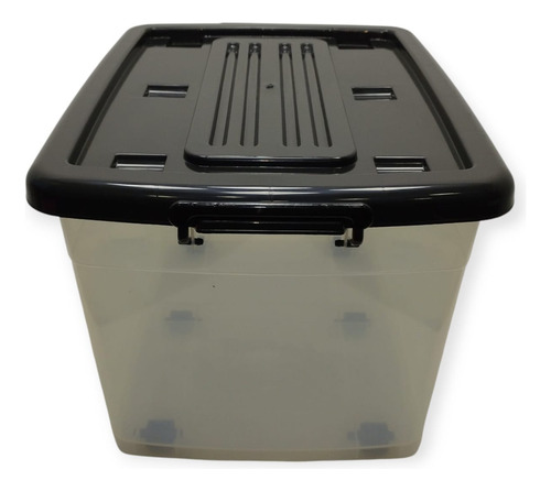 Caja Organizadora Multiuso Plástico C/ruedas 70l Apilable X3 Transparente Tapa Negra Baúl Reforzado