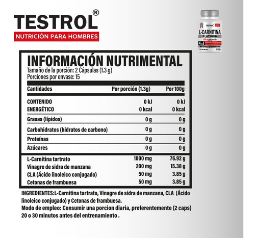 L-carnitina Platinum 1000mg | 4 En 1 | Testrol 30 Cap Sabor Sin sabor