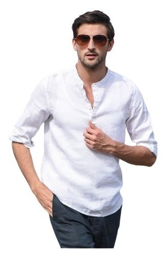 Playera Cuello Henley Manga Corta De Lino D/algodón P/hombre