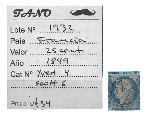 Lote1932 Francia 25 Centimes Año 1849 Yvert# 4 Scott# 6