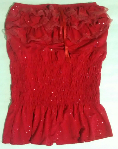 Strapless Rojo Brillos Terminación Puntilla