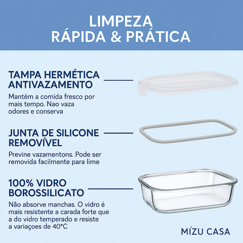 Kit 4 Potes 400 Ml Vidro Hermético 4 Travas Marmita Retangul