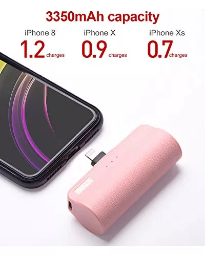1 Mini Cargador Portátil para iPhone con Cable Integrado, 3350mAh, rosa.  NUEVO