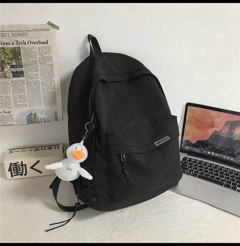 Mochila de grande capacidade com chaveiro para estudantes, moda, cor preta, design de tecido liso