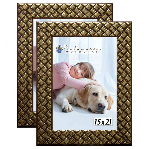Imagem 1 de 3 de Kit 2 Molduras Porta Retrato 15x21 3cm Relevo Dourado