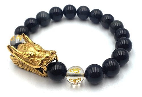 Pulsera Feng Shui Cuarzo Obsidiana Cabeza De Dragón 