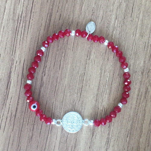Pulsera Cristal Roja Ojo Y San Benito Plata .925 Agálea Largo 18 cm