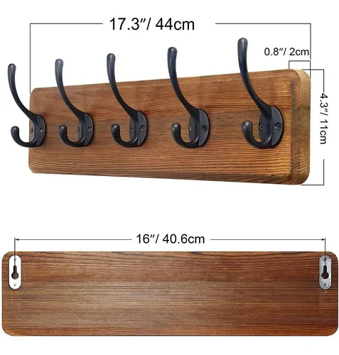 Perchero Rústico De Pared De Madera Maciza De Pino 5 Ganchos