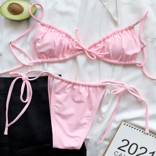 Traje De Baño De Bikini De Color Liso Para Mujer, Dos Piezas
