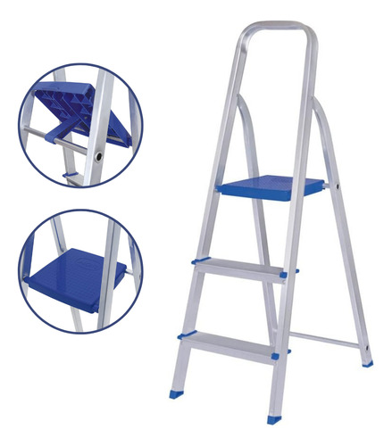 Escada Alumínio Doméstica 3 Degraus Reforçada Mor Domestica Cor Azul E Cinza