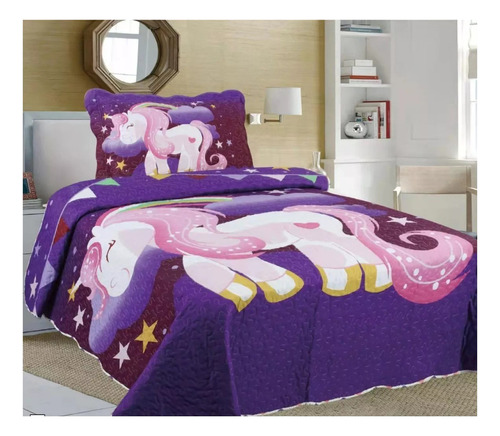 Cubrecama Quilt Infantil Liviano 1.5 Pza +funda 50x70 Niña Gran Unicornio