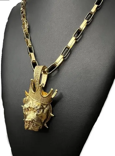 comprar Cordão Tijolinho 8mm + Pingente Pitbull Rei - Banhado A Ouro
