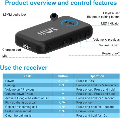  1Mii Receptor de música Bluetooth 5.0 para estéreo de coche/hogar,  adaptador Bluetooth auxiliar para automóvil con control de volumen, soporta  llamadas manos libres, batería de 16 horas de duración : Electrónica