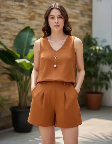 Modelo vestindo conjunto de regata e short social na cor caramelo em ambiente externo.