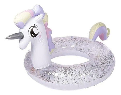 Flotador inflable con forma de unicornio con purpurina, 90 cm, playa, piscina, sol