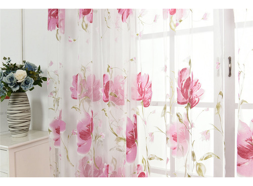 Cortina Rosa De Gasa Transparente Con Estampado De Flores, 1