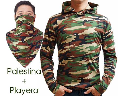 Playera Manga Larga Con Gorro Duo Palestina Pixel Camuflaje 