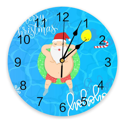 Reloj Navideño Silencioso De Pared 35 Cm Papá Noel Piscina