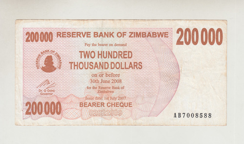  Billete Zimbabwe 200000 Dolares Año 2007 (c85)